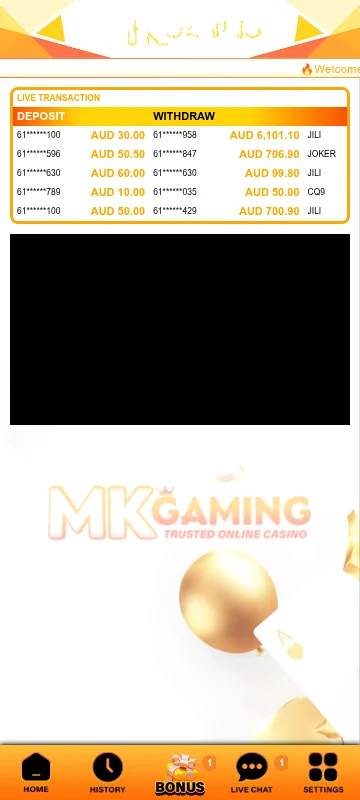 Mk Gaming Casino website displayed on a mobile phone